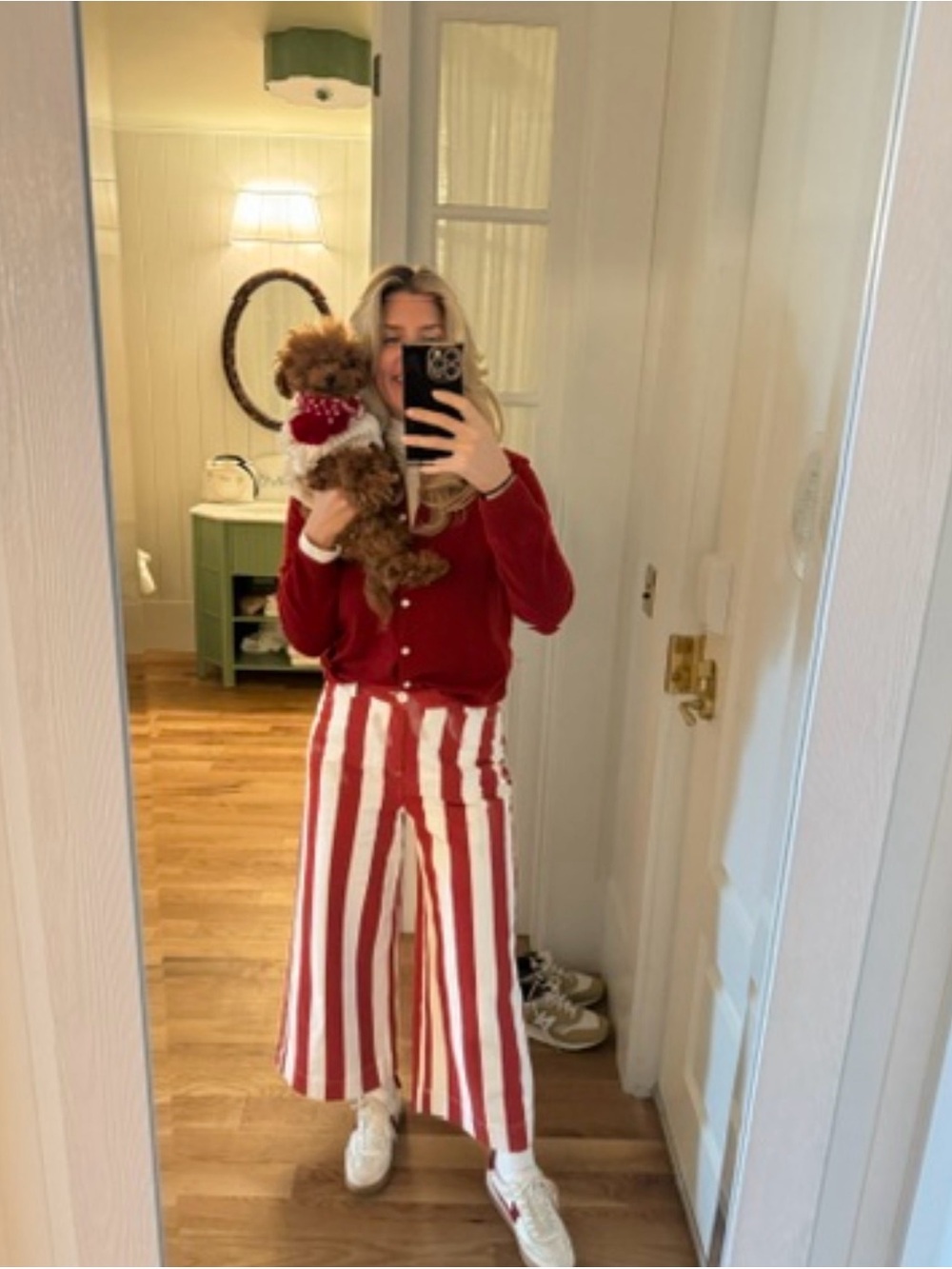 RHODE Red and White Vertical Stripe Wide-Leg Jeans